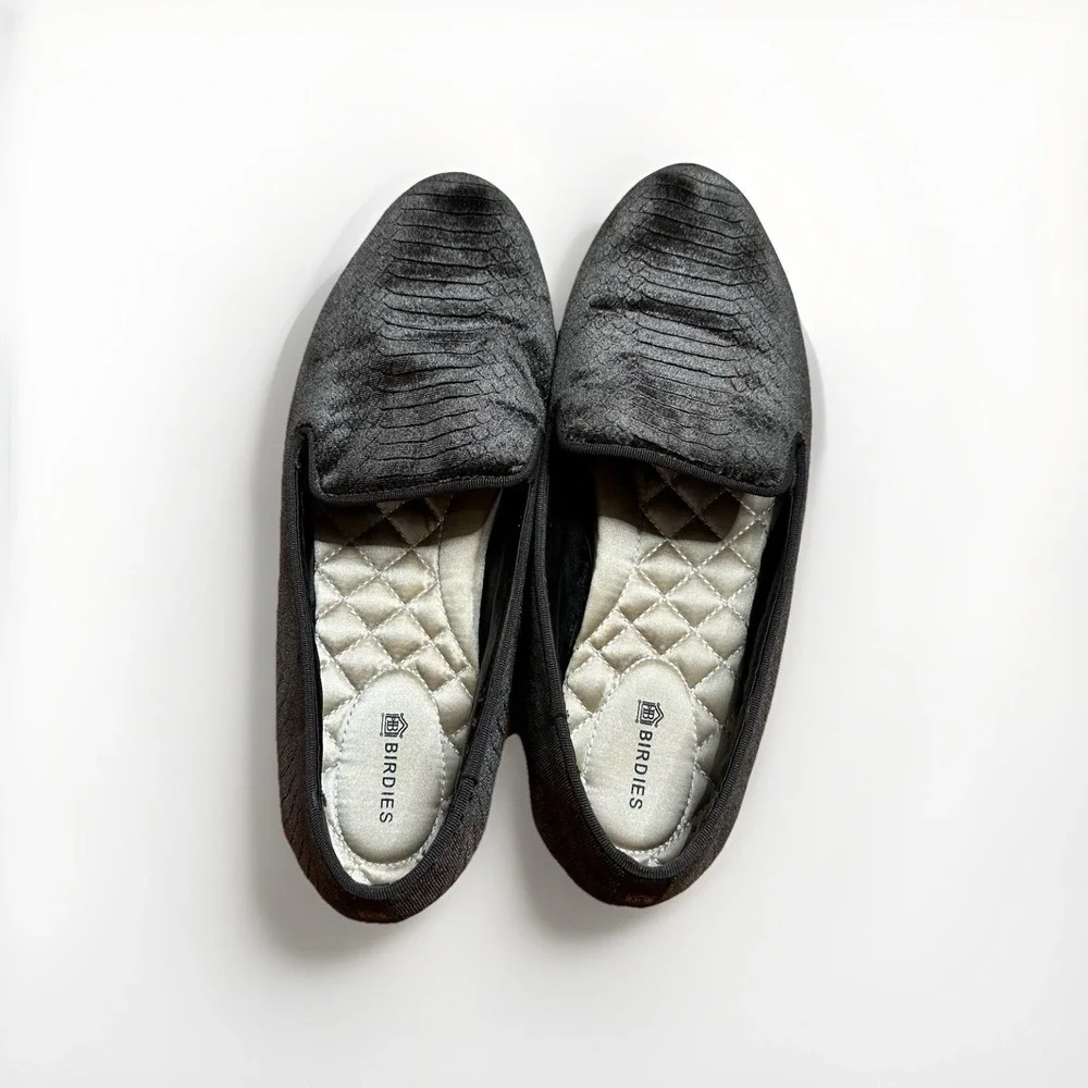 BIRDIES Dark Gray Velvet Starling Loafers Charcoal‎ Python Luxury US Women's 7.5